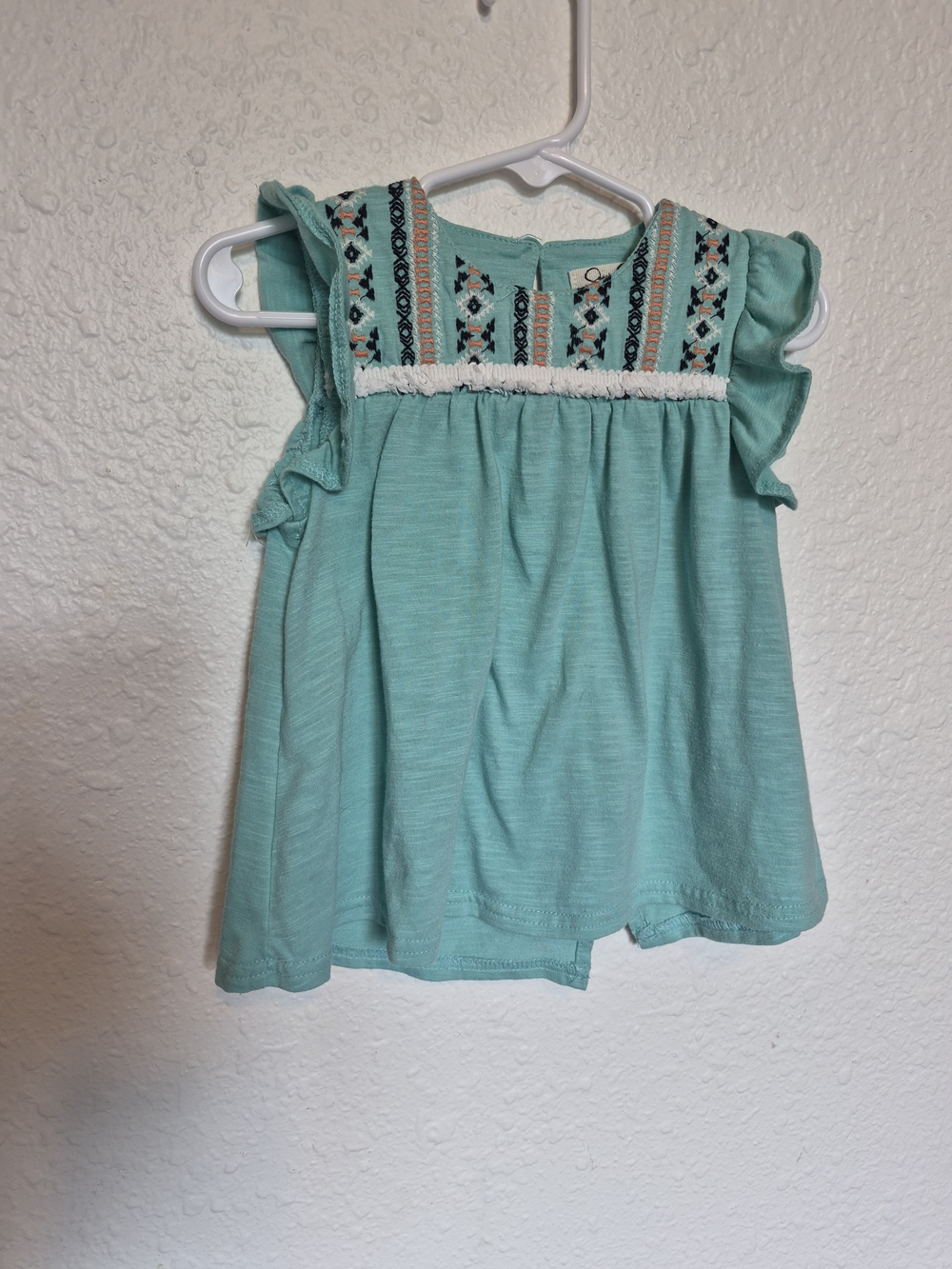 Turquoise Girls Embroidered Flutter Sleeve Top - 24 Months